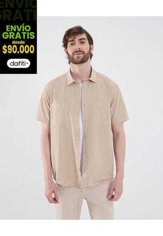 Camisa Para Hombre Manga Corta Con Bolsillo Cuello Casual M Color Beige Marca Ostu #60010819 Ostu