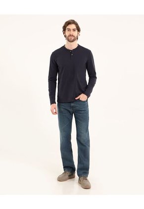 Camiseta Para Hombre Manga Larga Cuello Henley Color Azul Marca Ostu #60091569