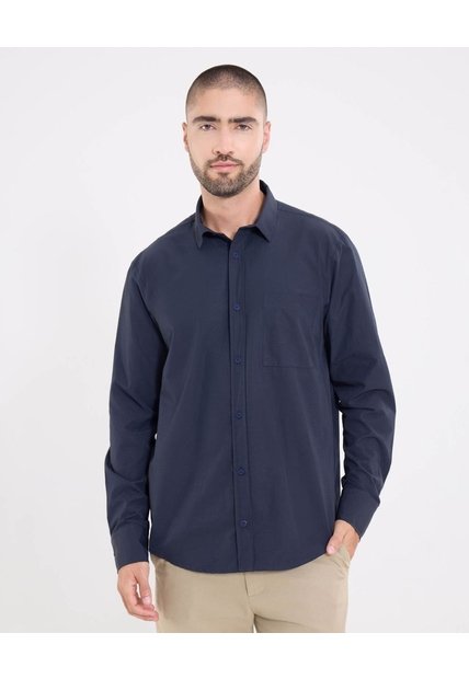 Camisa  Para Hombre Manga Larga Con Bolsillo Cuello Casual M Color Azul Marca Ostu #60010899