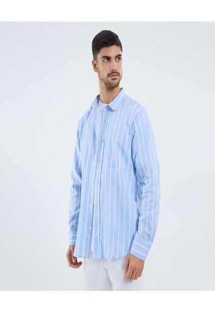 Camisa Para Hombre Manga Larga Con Bolsillo Cuello Casual M Color Azul Marca Ostu #60010825