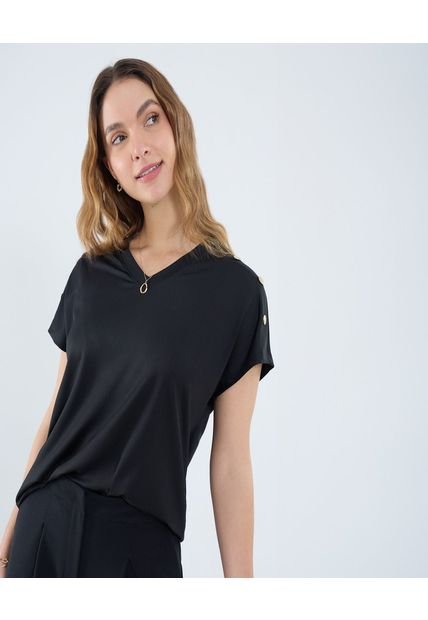 Camiseta Para Mujer Manga Corta Cuello V Color Negro Marca Ostu #40092404