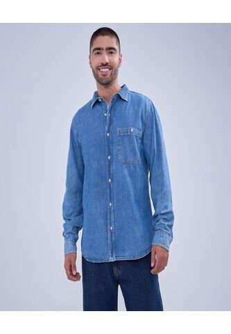 Camisa Para Hombre Manga Larga Con Bolsillo Color Azul Medio Marca Ostu #60010734 Ostu