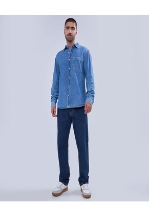 Camisa Para Hombre Manga Larga Con Bolsillo Color Azul Medio Marca Ostu #60010734