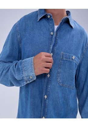 Camisa Para Hombre Manga Larga Con Bolsillo Color Azul Medio Marca Ostu #60010734