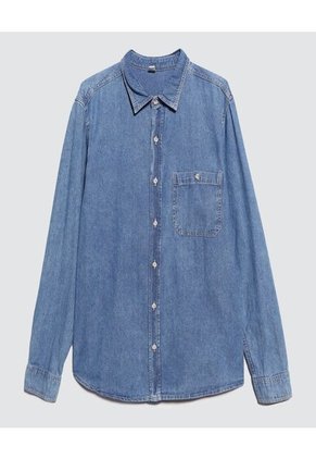 Camisa Para Hombre Manga Larga Con Bolsillo Color Azul Medio Marca Ostu #60010734