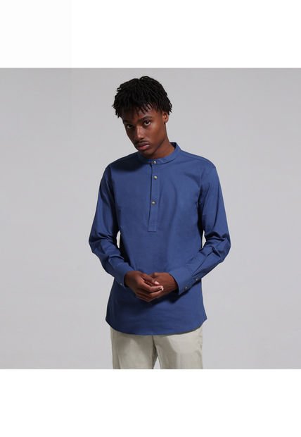 Camisa Para Hombre Manga Larga Sin Bolsillo Cuello Neru Color Azul  Marca Ostu #60010543