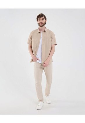 Camisa Para Hombre Manga Corta Con Bolsillo Cuello Casual M Color Beige Marca Ostu #60010819