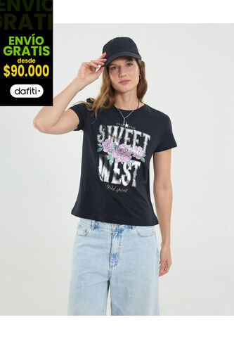 Camiseta Para Mujer Manga Corta Cuello Redondo Color Negro Marca Ostu #40092508 Ostu