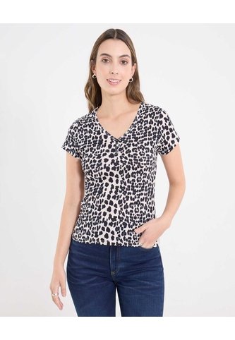 Camiseta Estampada Con Botones  Para Mujer Beige Ostu Ostu