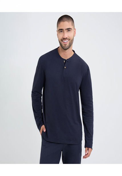 Camiseta Para Hombre Manga Larga Cuello Henley Color Azul Marca Ostu #60091569