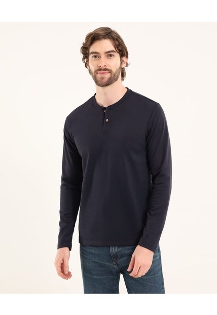 Camiseta Para Hombre Manga Larga Cuello Henley Color Azul Marca Ostu #60091569