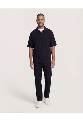 Polo Zipper Manga Corta Para Hombre Negro Ostu