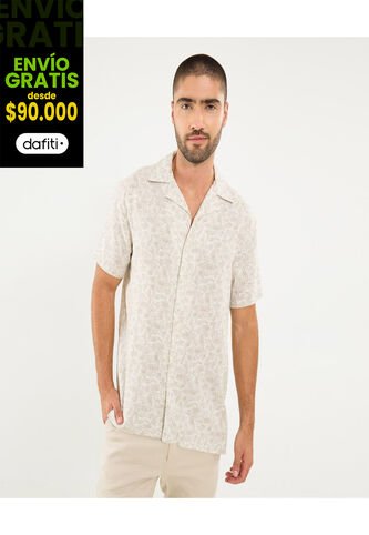 Camisa Para Hombre Manga Corta Sin Bolsillo Cuello Resort Color Beige Marca Ostu #60010829 Ostu