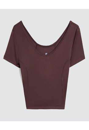 Crop Top Para Mujer Manga Corta Color Café  Marca Ostu #40092281