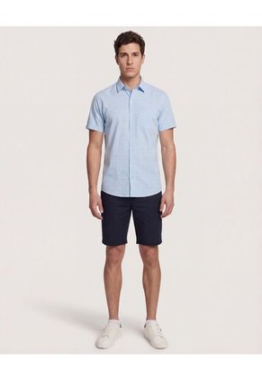 Camisa  Para Hombre Manga Corta Con Bolsillo Cuello C Color Azul Marca Ostu #60010881