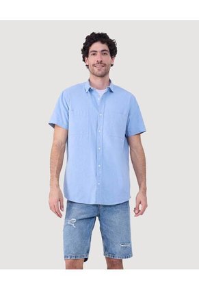 Camisa Para Hombre Manga Corta Con Bolsillo Color Azul Claro Marca Ostu #60010747