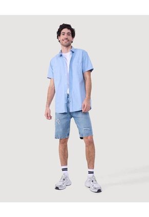 Camisa Para Hombre Manga Corta Con Bolsillo Color Azul Claro Marca Ostu #60010747