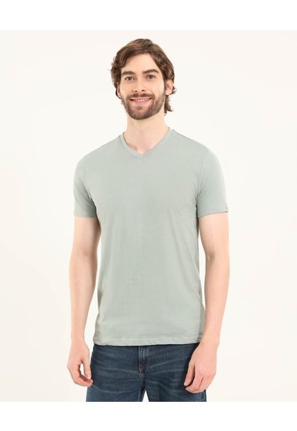 Camiseta Cuello En V  Para Hombre Verde Ostu