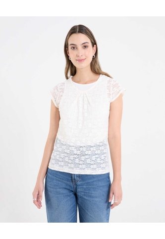 Camiseta Manga Casquillo En Encaje  Para Mujer Marfil Ostu Ostu