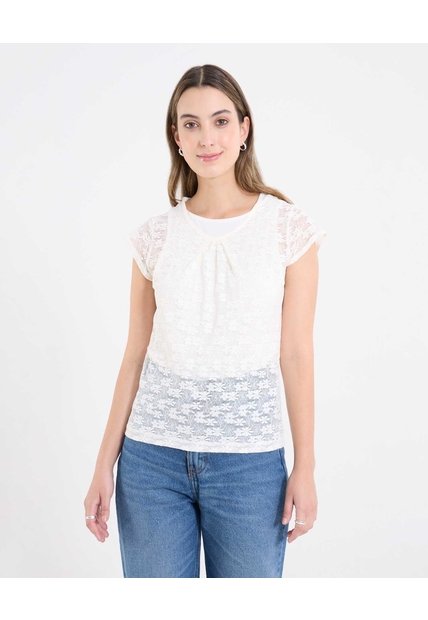 Camiseta Manga Casquillo En Encaje  Para Mujer Marfil Ostu