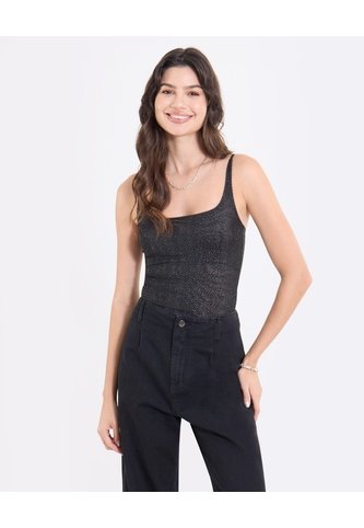 Body Brillante Con Escote Cuadrado  Para Mujer Negro Ostu Ostu