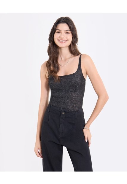 Body Brillante Con Escote Cuadrado  Para Mujer Negro Ostu