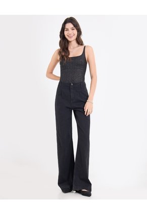 Body Brillante Con Escote Cuadrado Para Mujer Negro Ostu