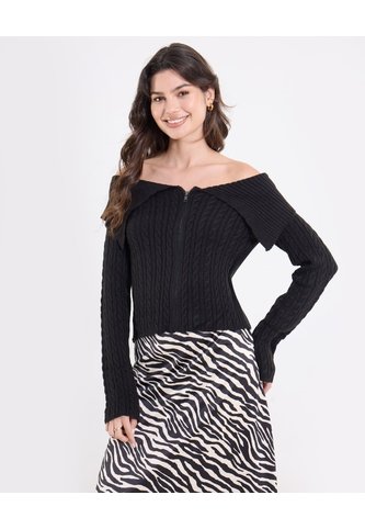 Saco Off Shoulder Con Cierre Frontal  Para Mujer Negro Ostu Ostu