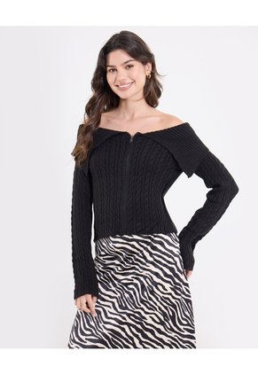 Saco Off Shoulder Con Cierre Frontal Para Mujer Negro Ostu