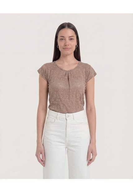 Camiseta Textura Floral  Para Mujer Café Ostu