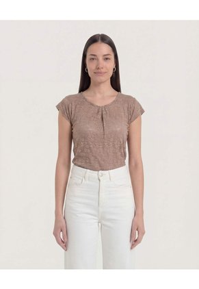 Camiseta Textura Floral Para Mujer Café Ostu
