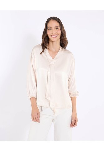 Blusa Manga Larga Con Corbatero  Para Mujer Beige Ostu Ostu
