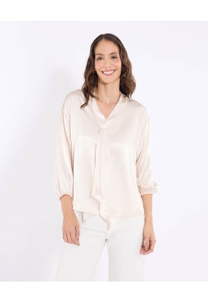 Blusa Manga Larga Con Corbatero  Para Mujer Beige Ostu