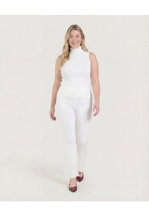 Camiseta Cuello Alto Acanalada Para Mujer Crema Ostu