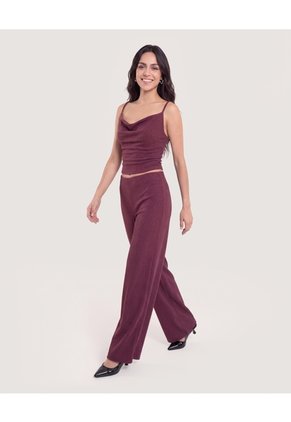 Pantalón Wide Leg Lurex Para Mujer Vino Ostu