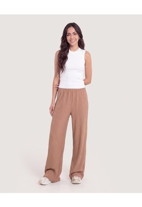 Pantalón Wide Leg Texturizado Para Mujer Camel Ostu