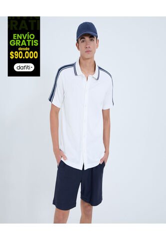 Camisa Para Hombre Manga Corta Sin Bolsillo Cuello Resort Color Crema Marca Ostu #60010801 Ostu
