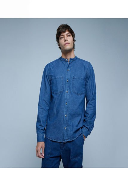 Camisa Para Hombre Manga Larga Con Bolsillo Color Azul  Marca Ostu #60010687