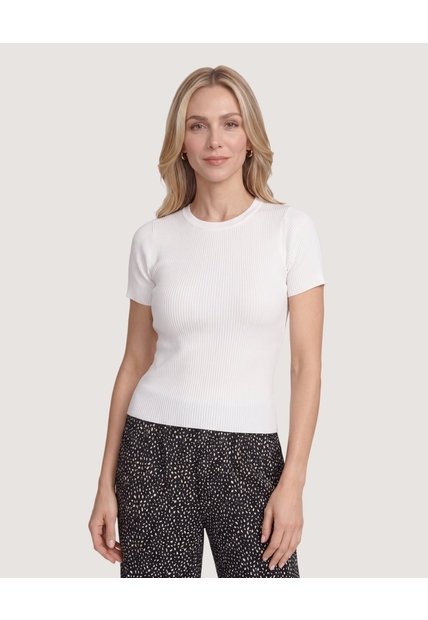 Camiseta Tejida Acanalada Básica  Para Mujer Marfil Ostu
