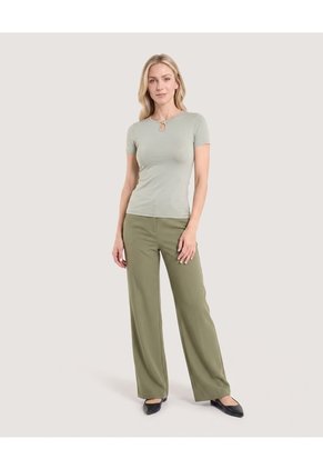 Pantalón Recto De Tiro Alto Para Mujer Verde Ostu
