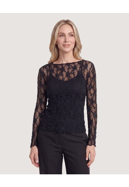 Camiseta Encaje Floral Transparente  Para Mujer Negro Ostu