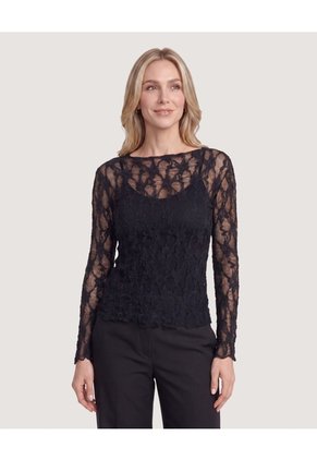 Camiseta Encaje Floral Transparente Para Mujer Negro Ostu