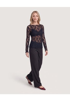 Camiseta Encaje Floral Transparente Para Mujer Negro Ostu