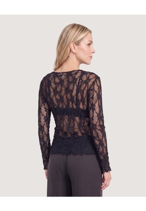 Camiseta Encaje Floral Transparente Para Mujer Negro Ostu
