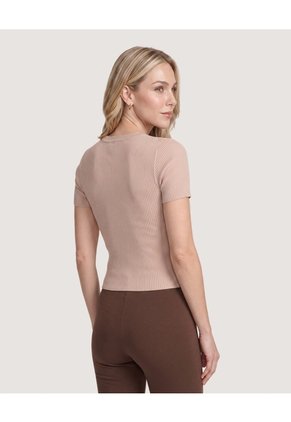Camiseta Tejida Acanalada Básica Para Mujer Café Ostu