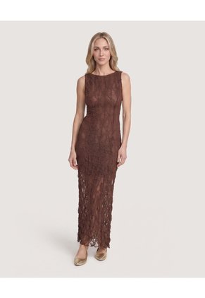Vestido Midi De Encaje Floral  Para Mujer Café Ostu
