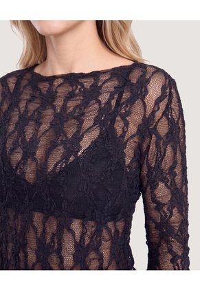Camiseta Encaje Floral Transparente Para Mujer Negro Ostu