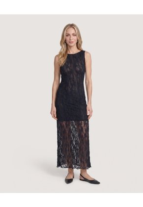 Vestido Midi De Encaje Floral Para Mujer Negro Ostu