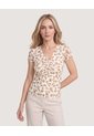 Camiseta Mesh Floral Fruncida  Para Mujer Crema Ostu de Ostu