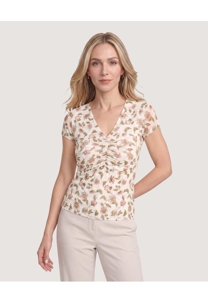 Camiseta Mesh Floral Fruncida  Para Mujer Crema Ostu